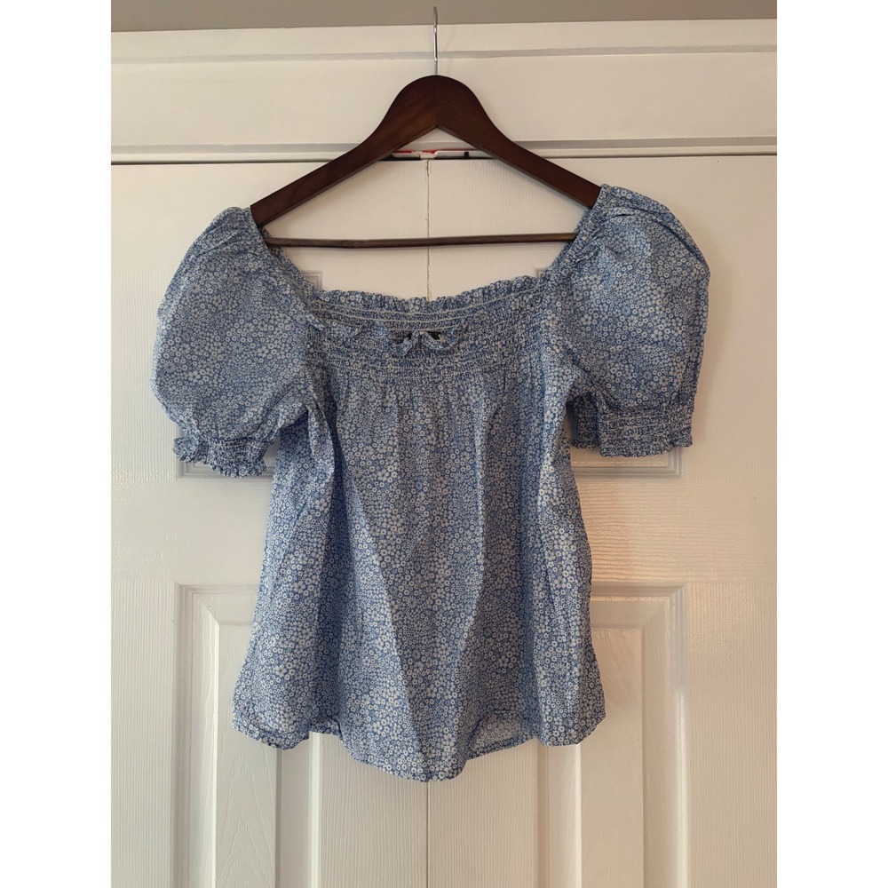 J. Crew Liberty Fabric Floral Smocked Puff Sleeve Blouse Blue White Medium